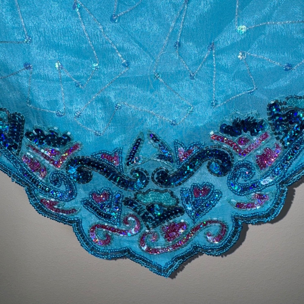 Crystals‎ Women Blouse Size L Turquoise Beaded Sequin Scalloped Hem Mermaidcore - Picture 3 of 13
